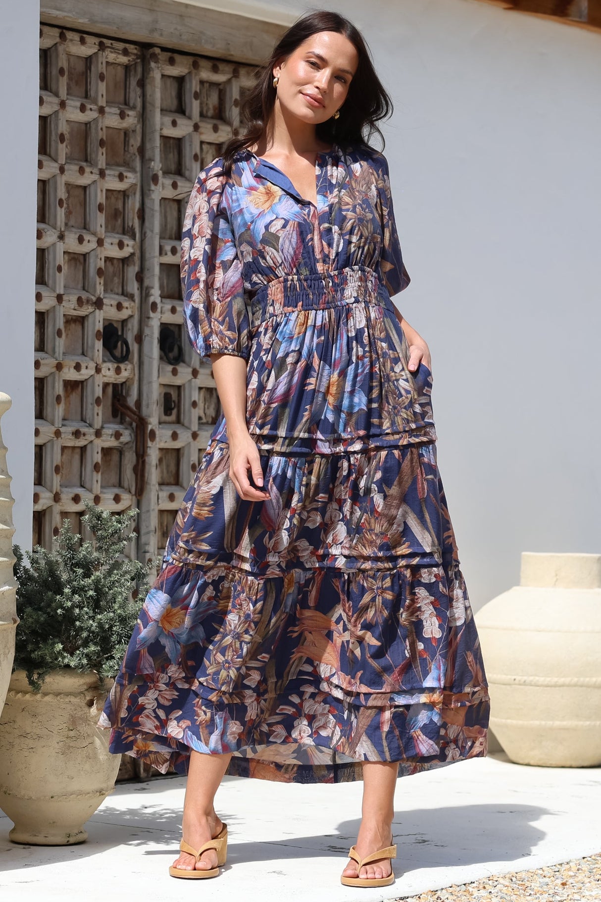 Mondelo Maxi Dress - Pleated Detailed A-Line Dress with 3/4 Balloon Sleeves in Belle Print Navy