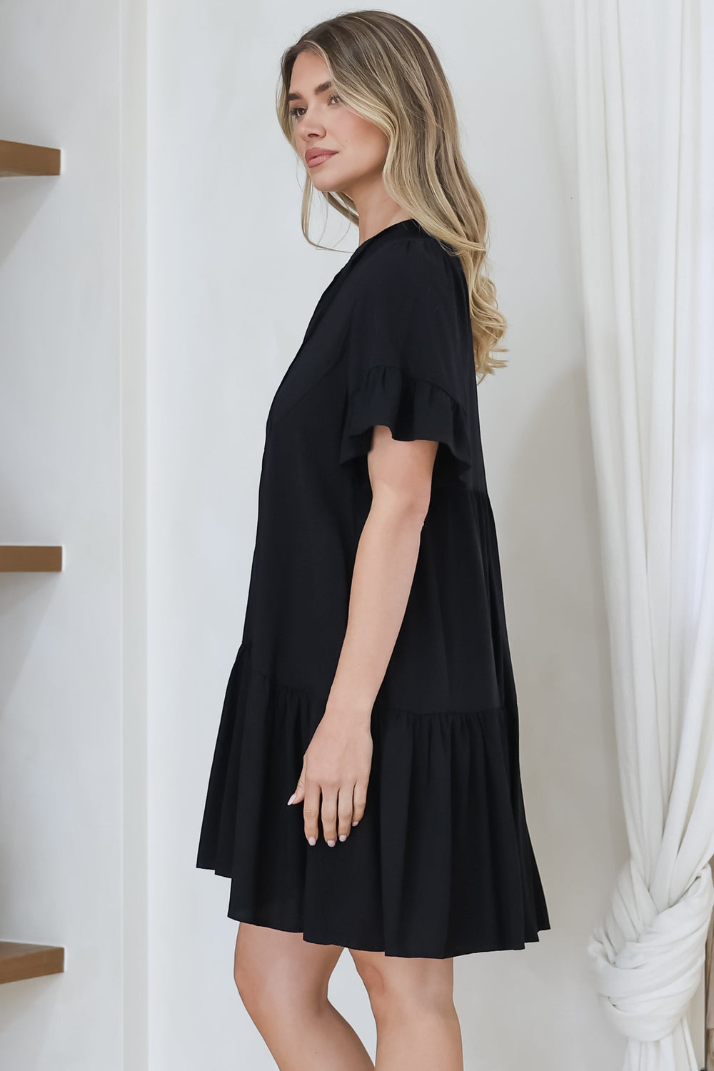 Monique Mini Dress - Mandarin Collar Smock Dress in Black