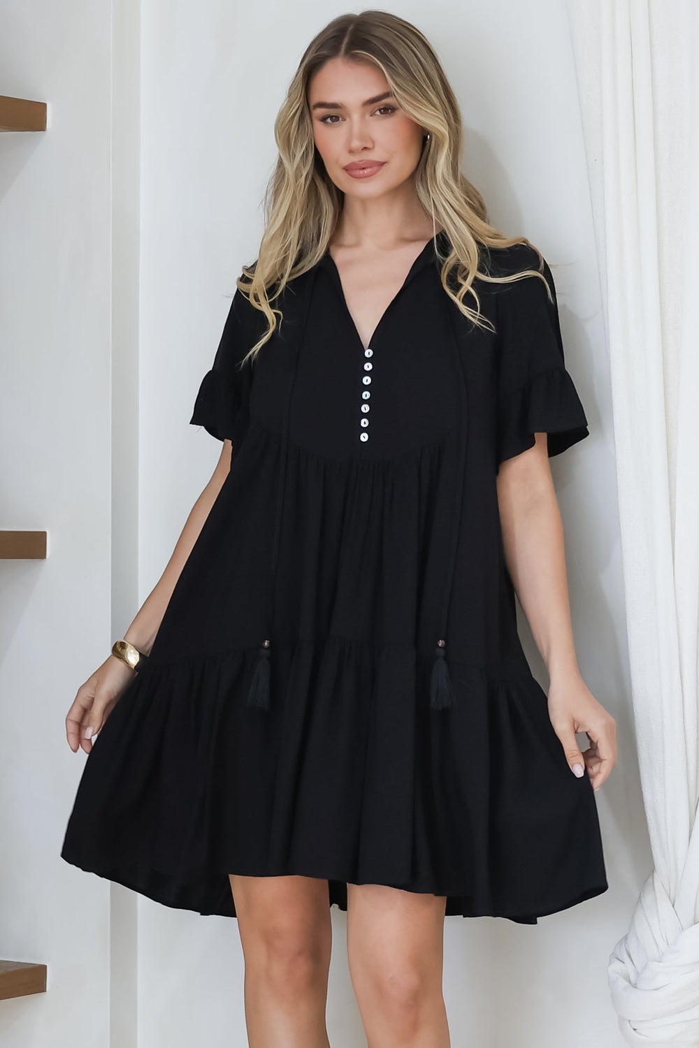 Monique Mini Dress - Mandarin Collar Smock Dress in Black