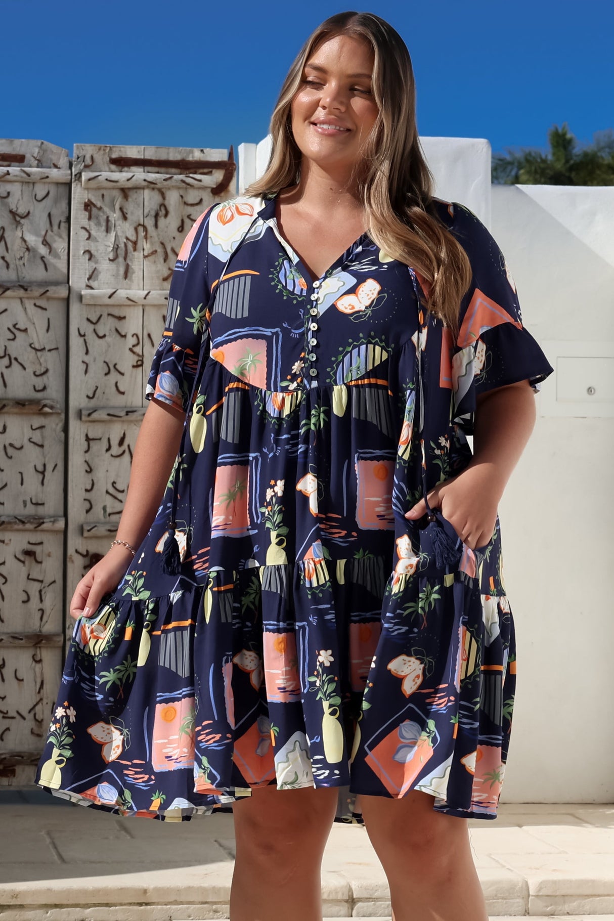 Monique Mini Dress - Mandarin Collar Smock Dress in Kalil Print Navy