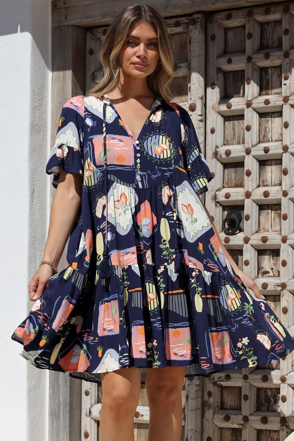 Monique Mini Dress - Mandarin Collar Smock Dress in Kalil Print Navy