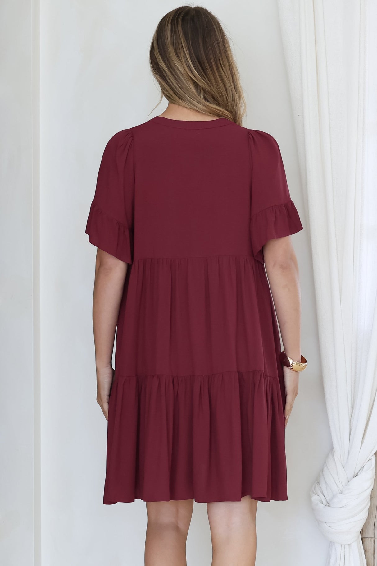 Monique Mini Dress - Mandarin Collar Smock Dress in Wine