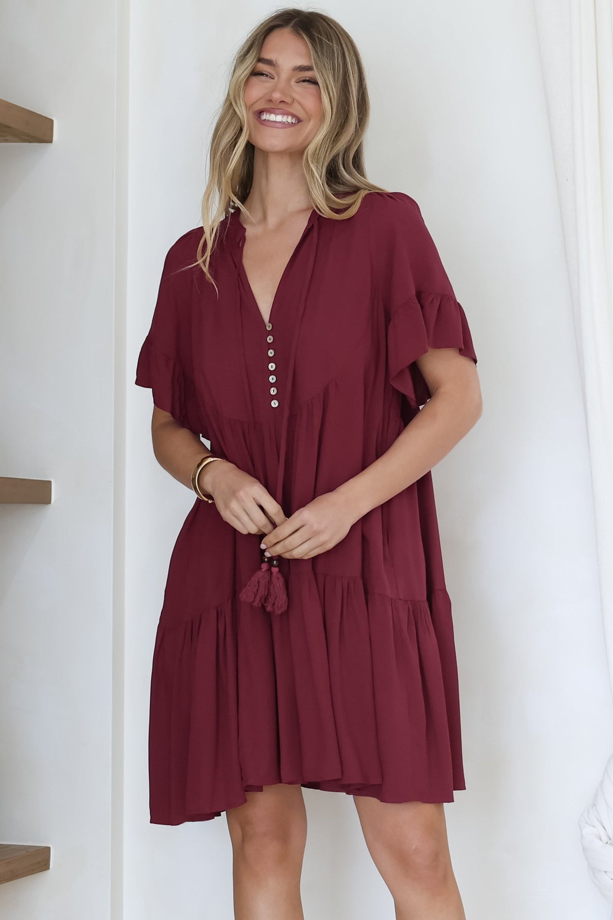 Monique Mini Dress - Mandarin Collar Smock Dress in Wine