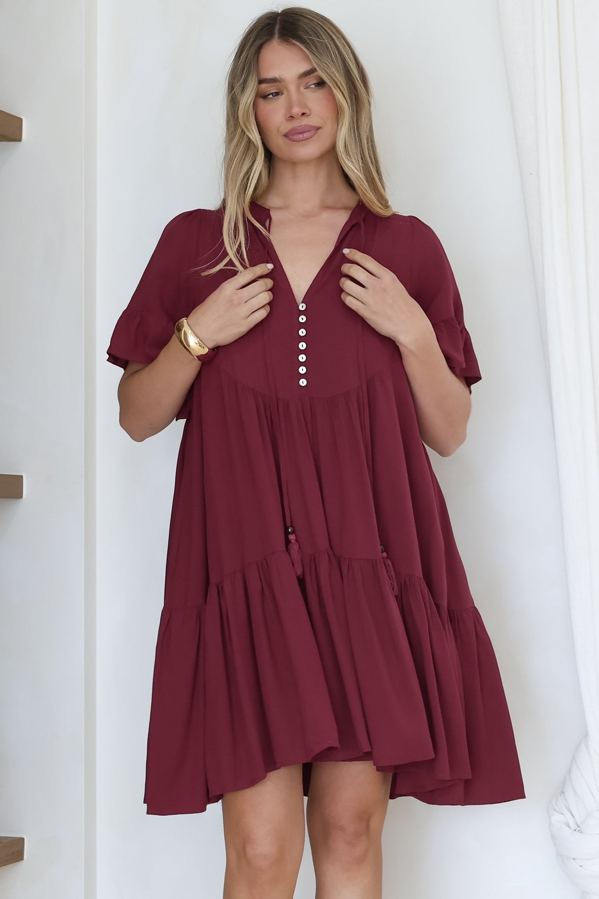 Monique Mini Dress - Mandarin Collar Smock Dress in Wine