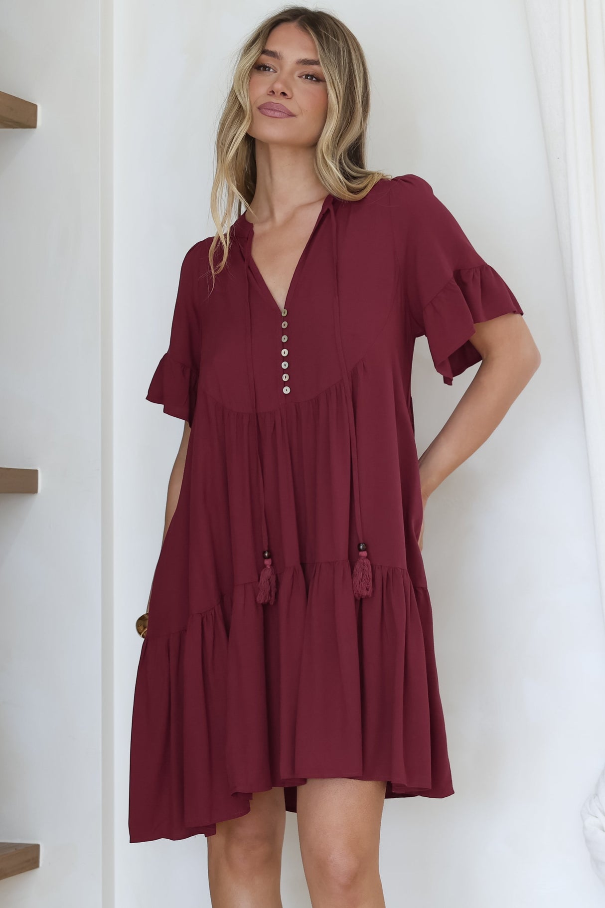 Monique Mini Dress - Mandarin Collar Smock Dress in Wine