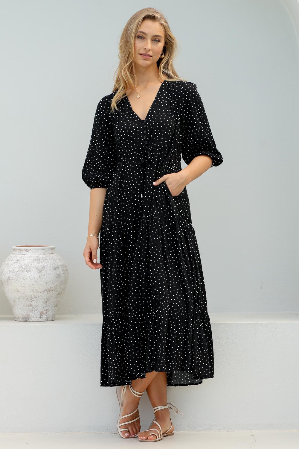 Montania Maxi Dress - Buttoned Bodice Pull in Waist Dress