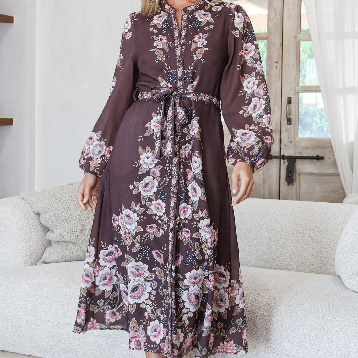 fontana midi dress Moreana Midi Dress in Fontana Print Brown | Mandarin Collar Button Down  Long Sleeve Dress with Belt