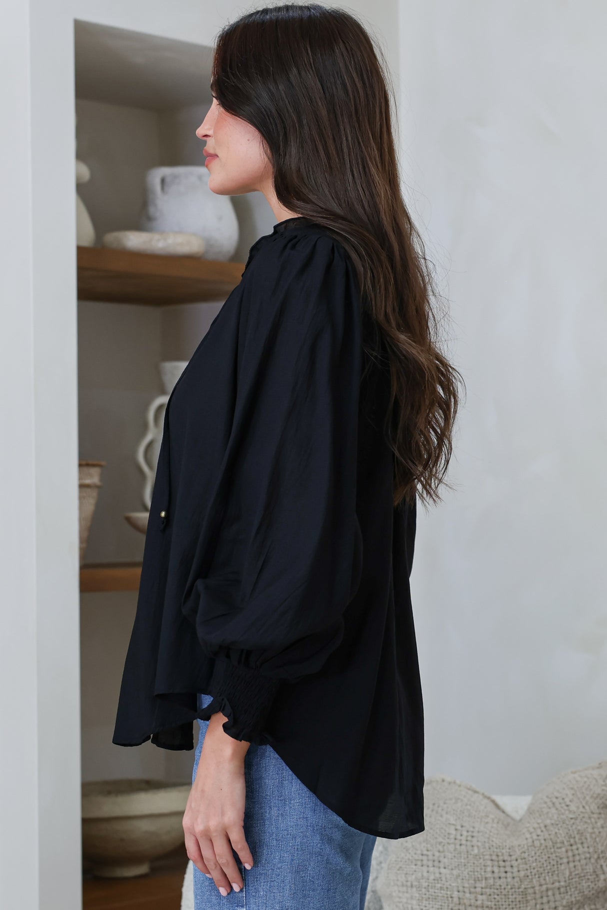 Moree Blouse - Frill Collar Neck Tie Button Down Shirt in Black
