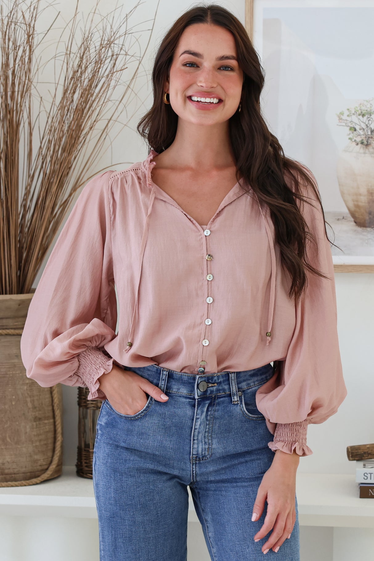 Model wearing Moree Blouse in Blush from Salty Crush