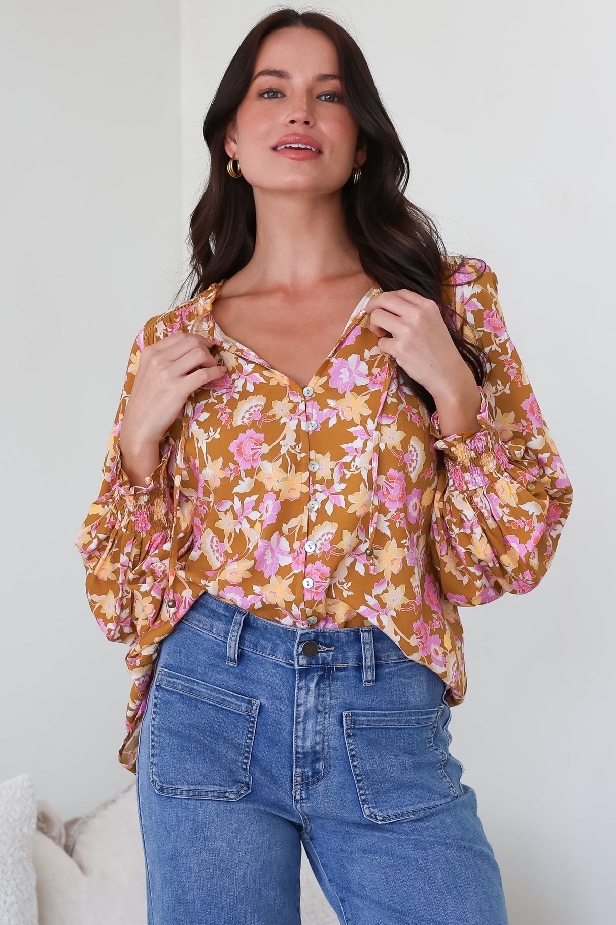 Moree Blouse - Frill Collar Neck Tie Button Down Shirt in Elixir Print