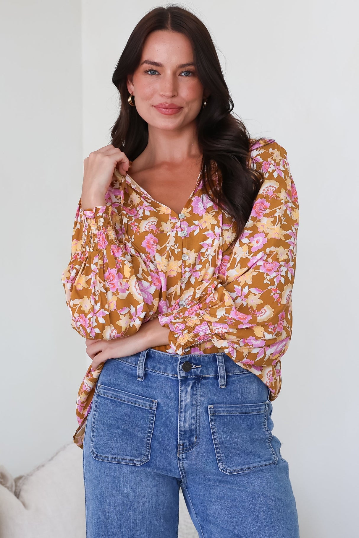 Moree Blouse - Frill Collar Neck Tie Button Down Shirt in Elixir Print