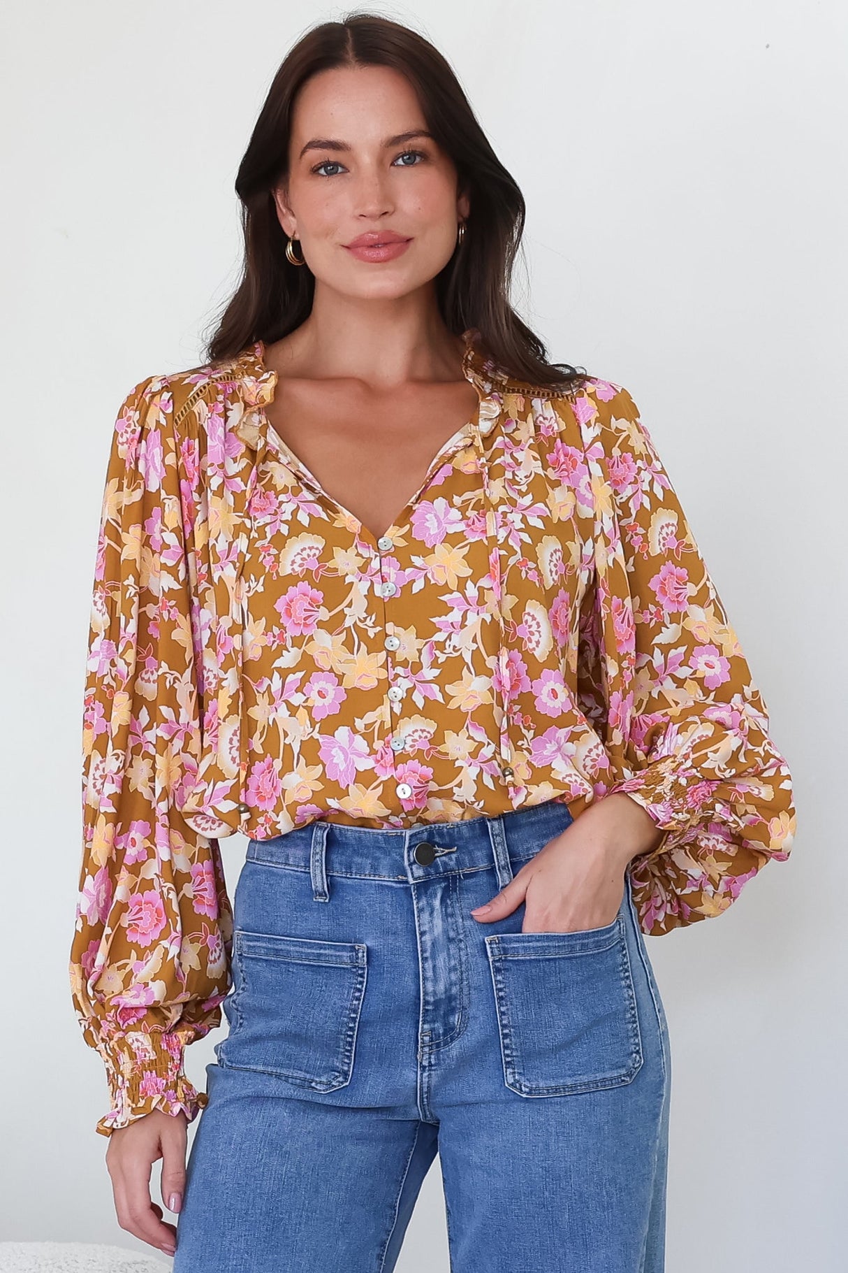 Model wearing Moree Blouse in Elixir Print from Salty Crush