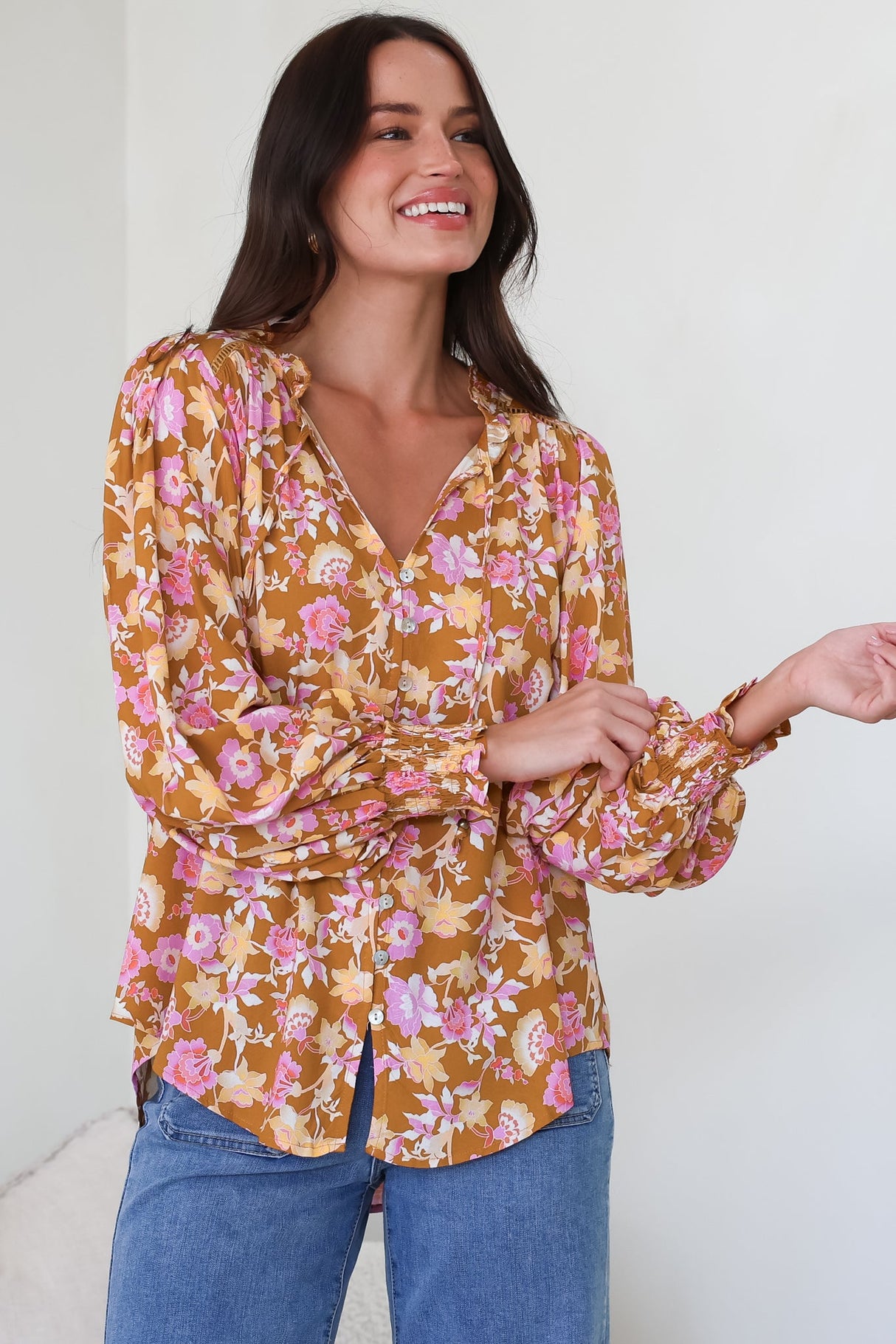 Moree Blouse - Frill Collar Neck Tie Button Down Shirt in Elixir Print