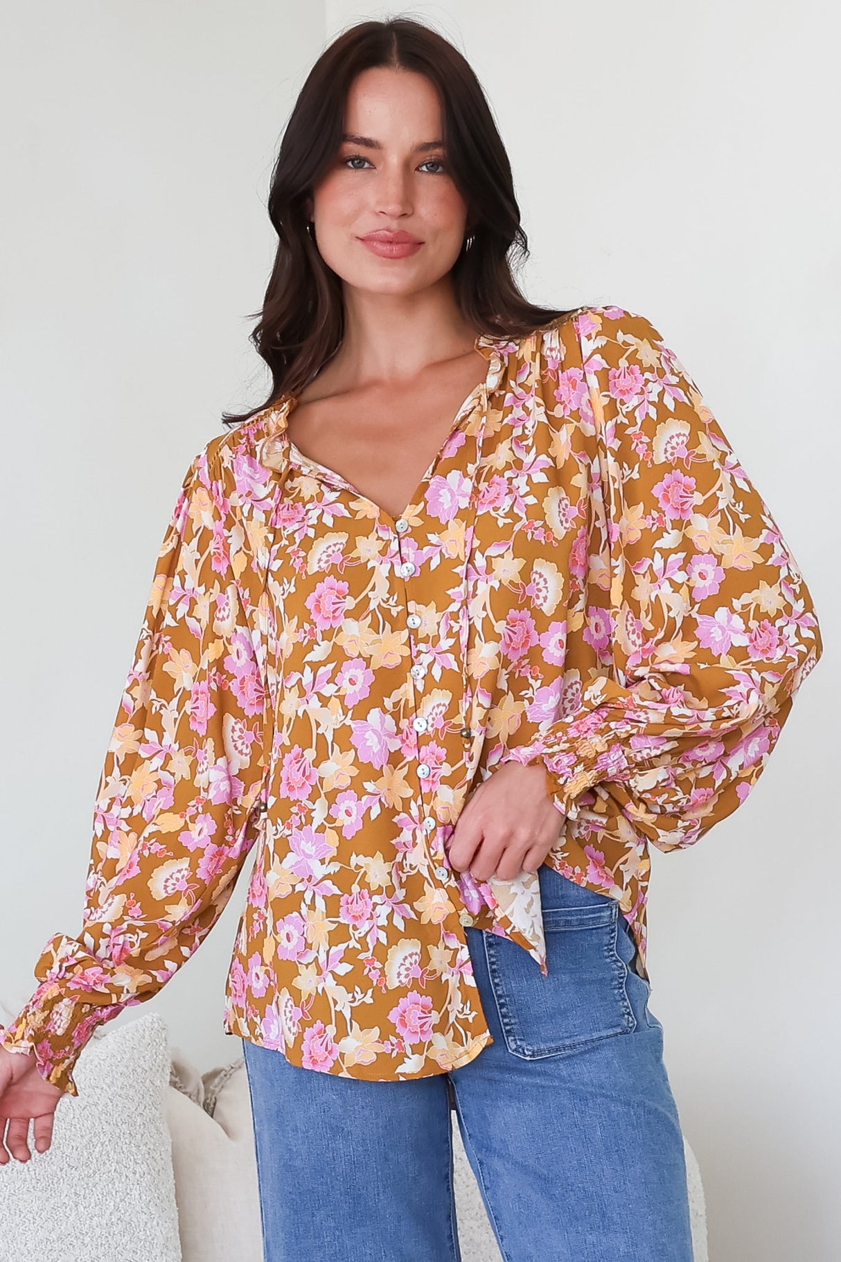 Moree Blouse - Frill Collar Neck Tie Button Down Shirt in Elixir Print