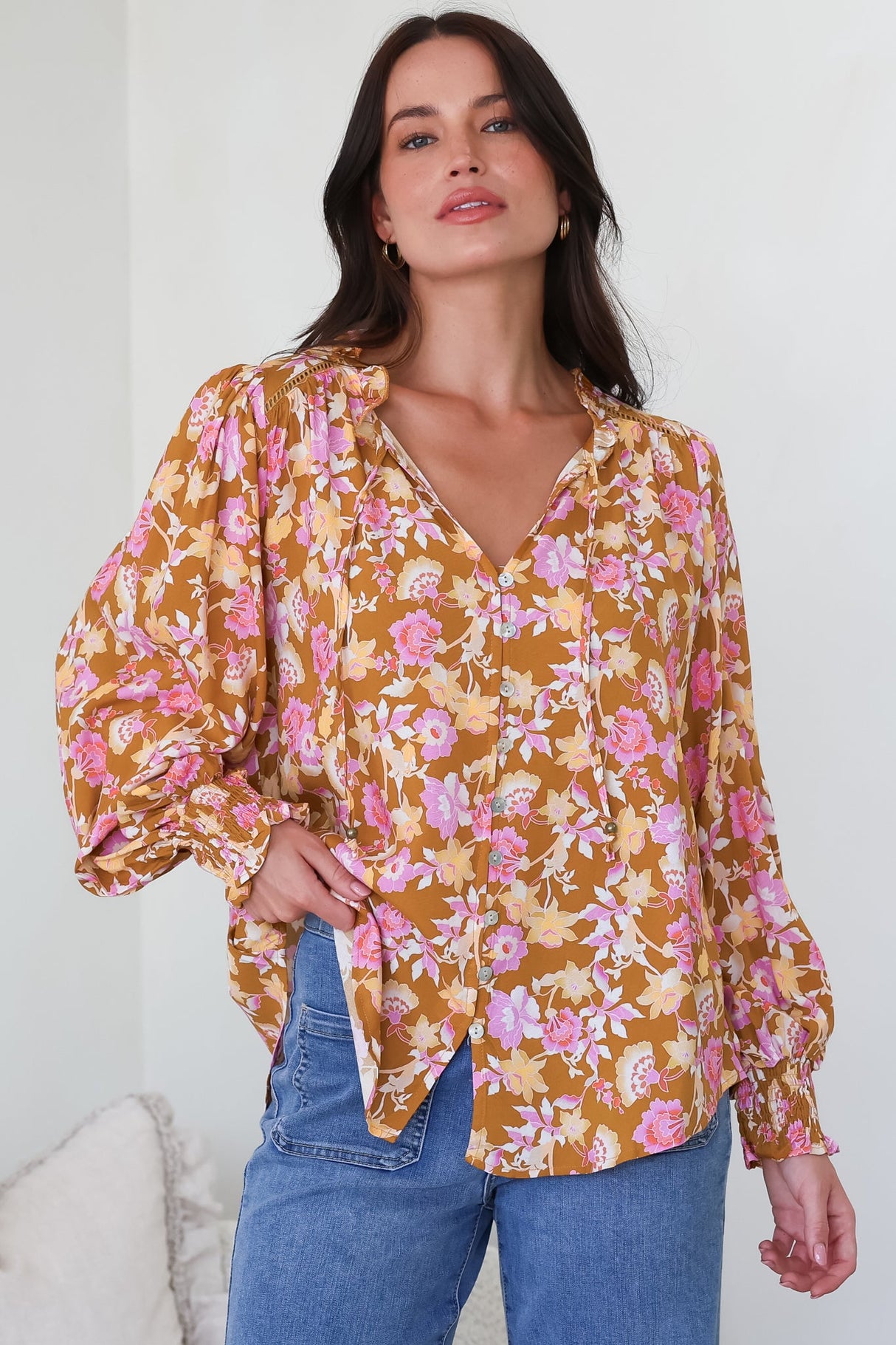 Moree Blouse - Frill Collar Neck Tie Button Down Shirt in Elixir Print