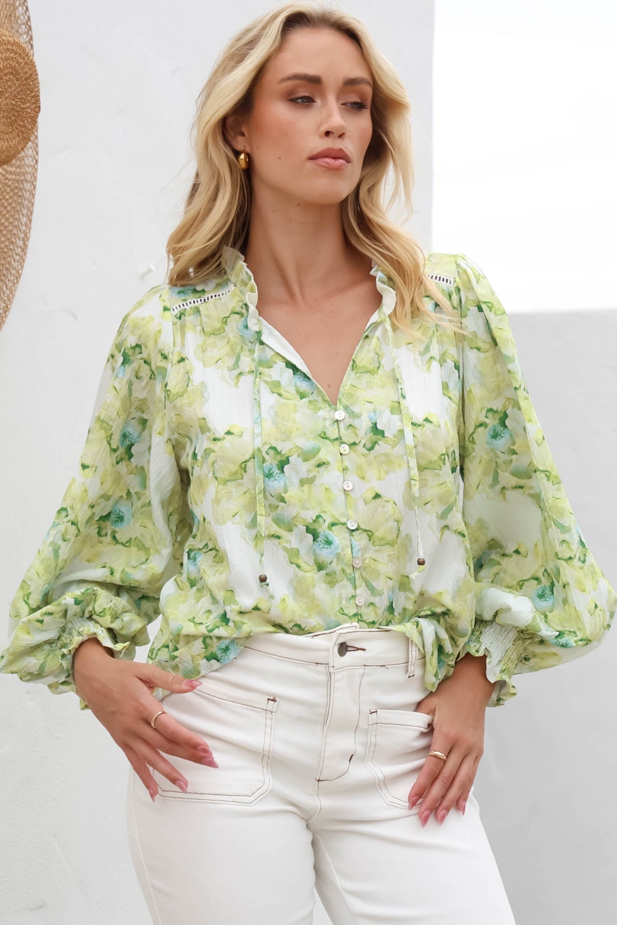 Moree Blouse - Frill Collar Neck Tie Button Down Shirt in Franc Print Lime