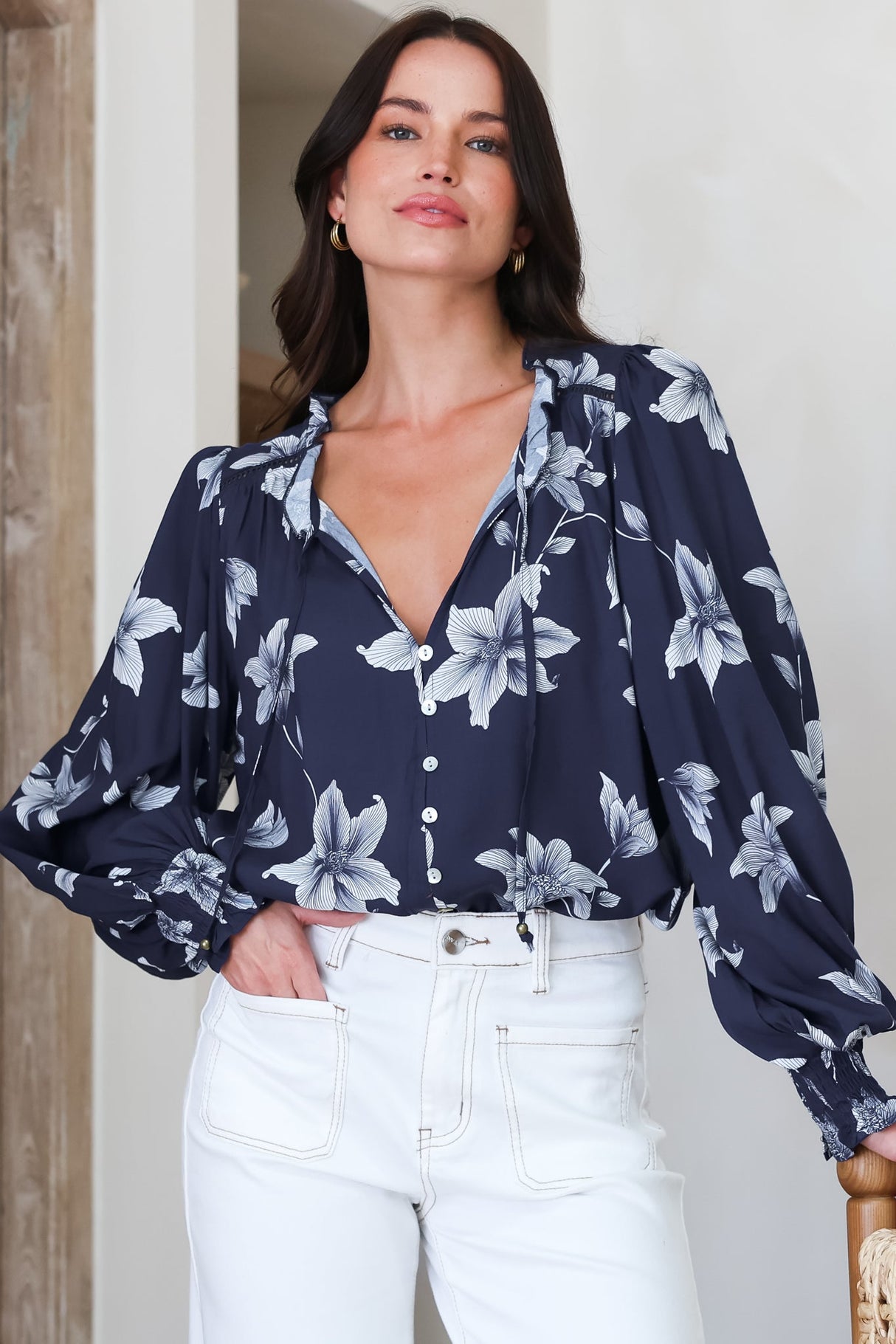 Moree Blouse - Frill Collar Neck Tie Button Down Shirt in Midnight Lily Print