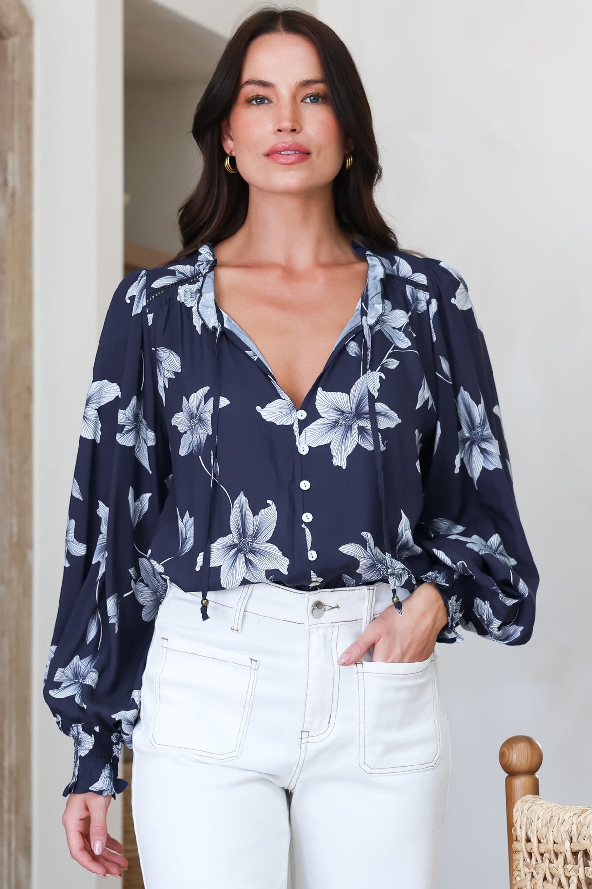 Moree Blouse - Frill Collar Neck Tie Button Down Shirt in Midnight Lily Print