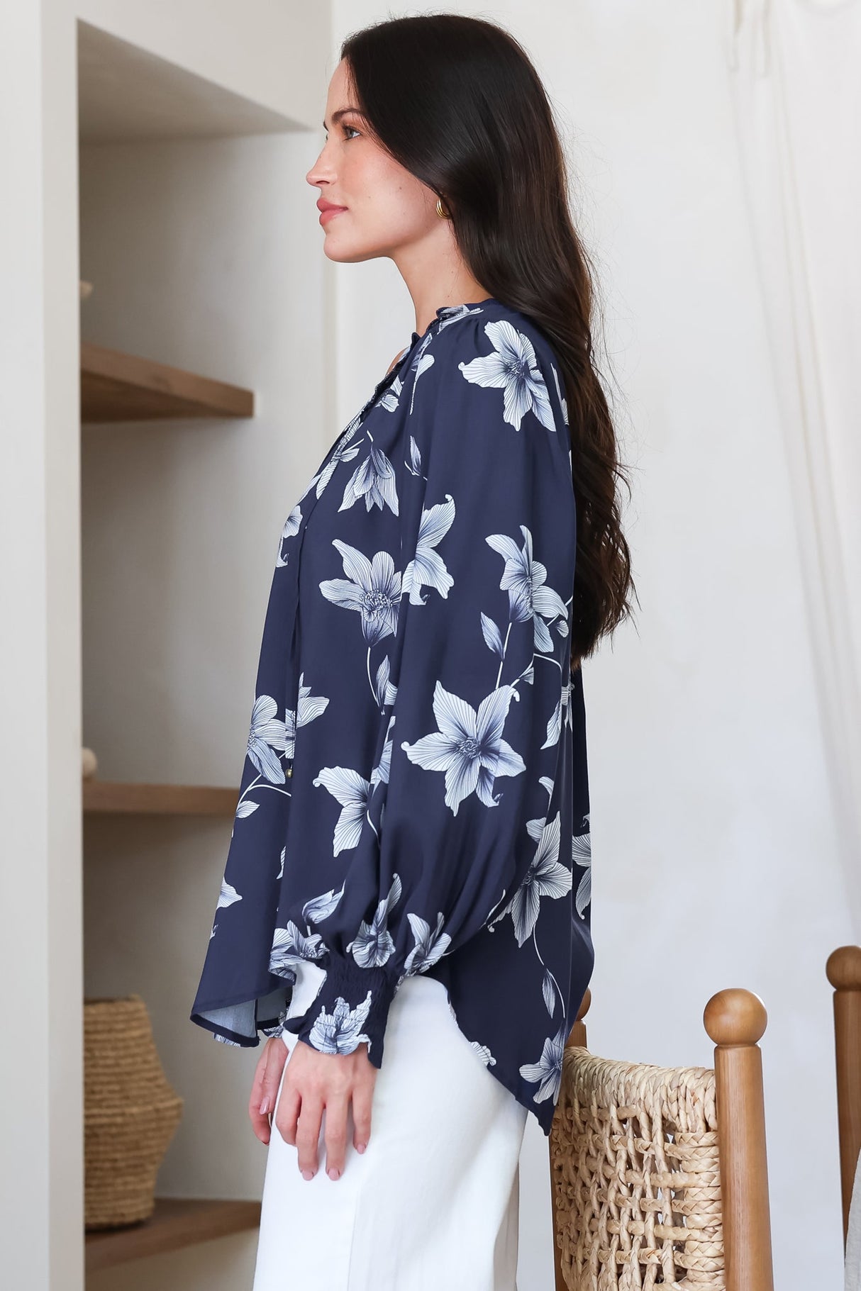 Moree Blouse - Frill Collar Neck Tie Button Down Shirt in Midnight Lily Print