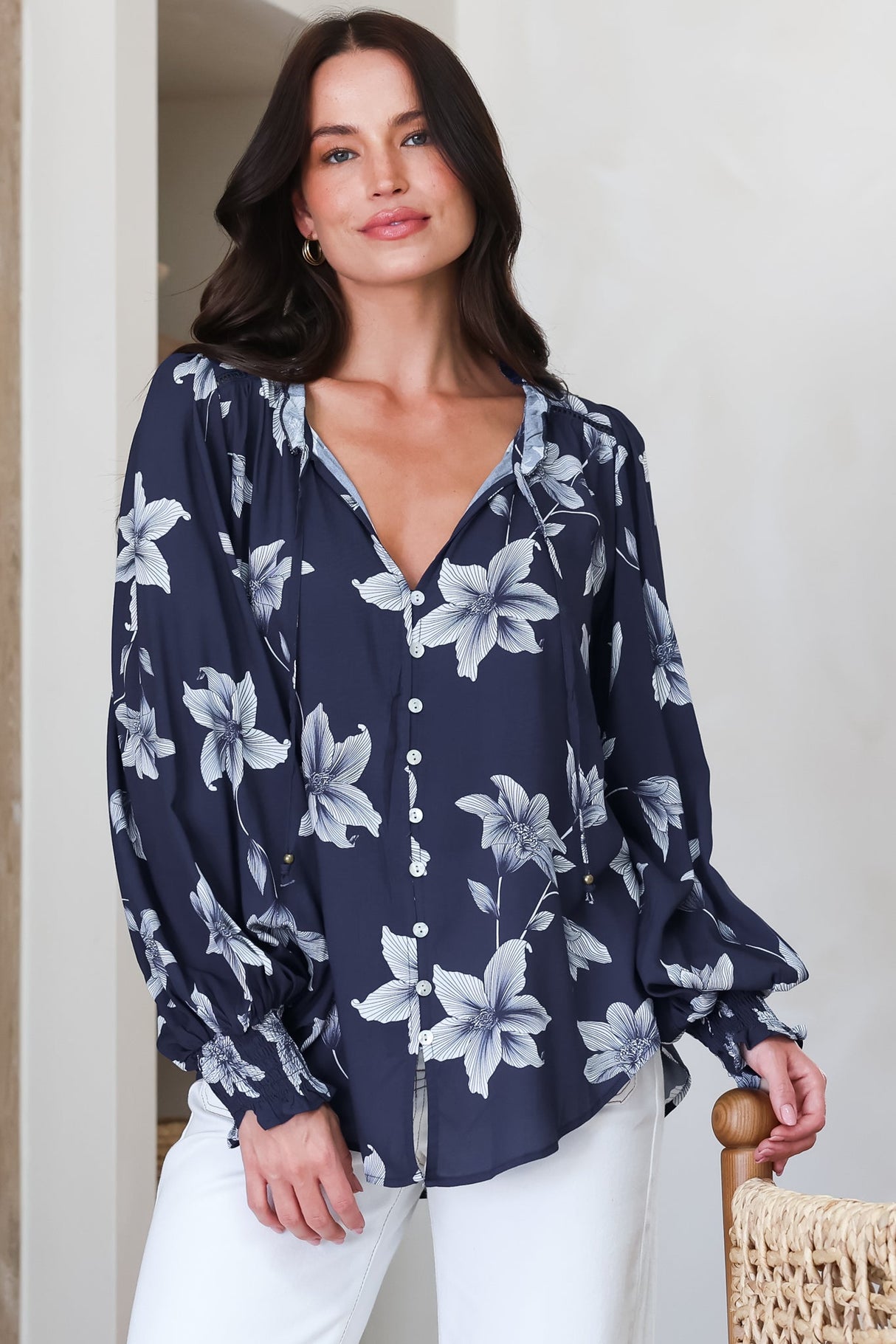 Moree Blouse - Frill Collar Neck Tie Button Down Shirt in Midnight Lily Print