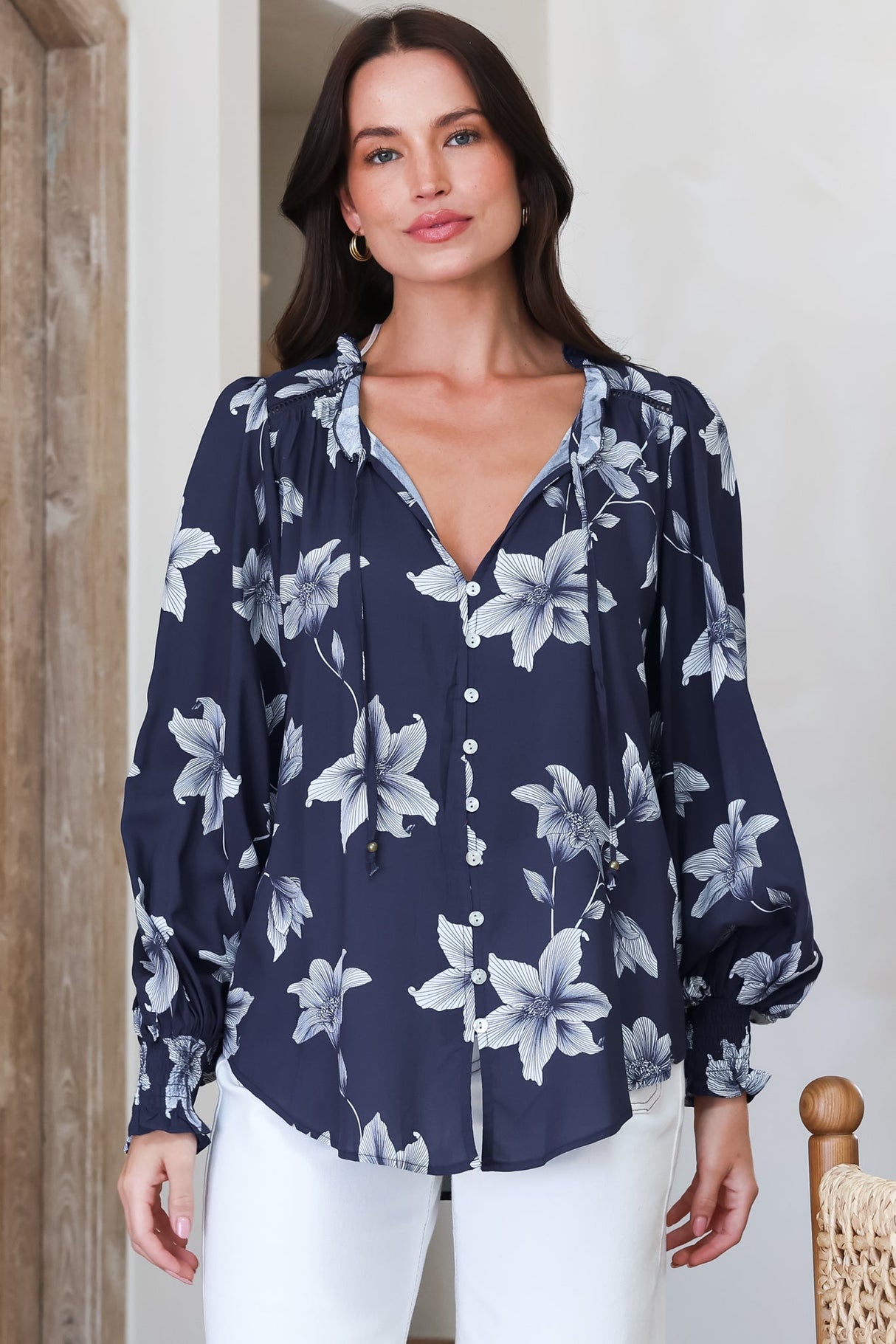 Moree Blouse - Frill Collar Neck Tie Button Down Shirt in Midnight Lily Print