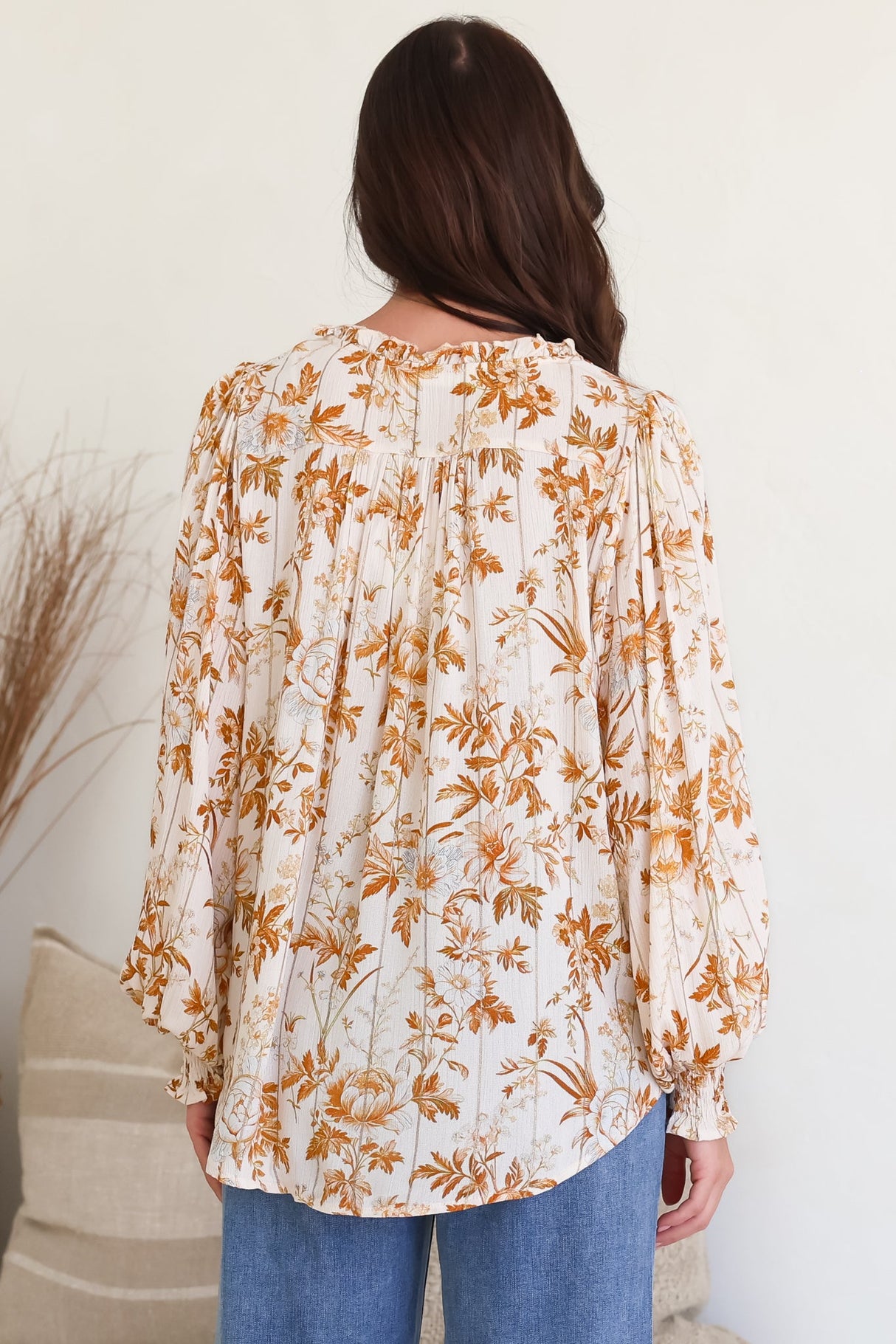 Moree Blouse - Frill Collar Neck Tie Button Down Shirt in Sorrento Print Cream