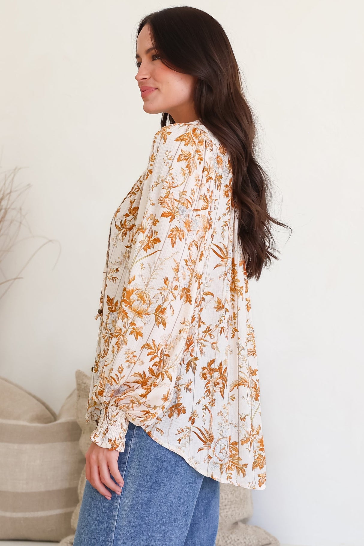 Moree Blouse - Frill Collar Neck Tie Button Down Shirt in Sorrento Print Cream