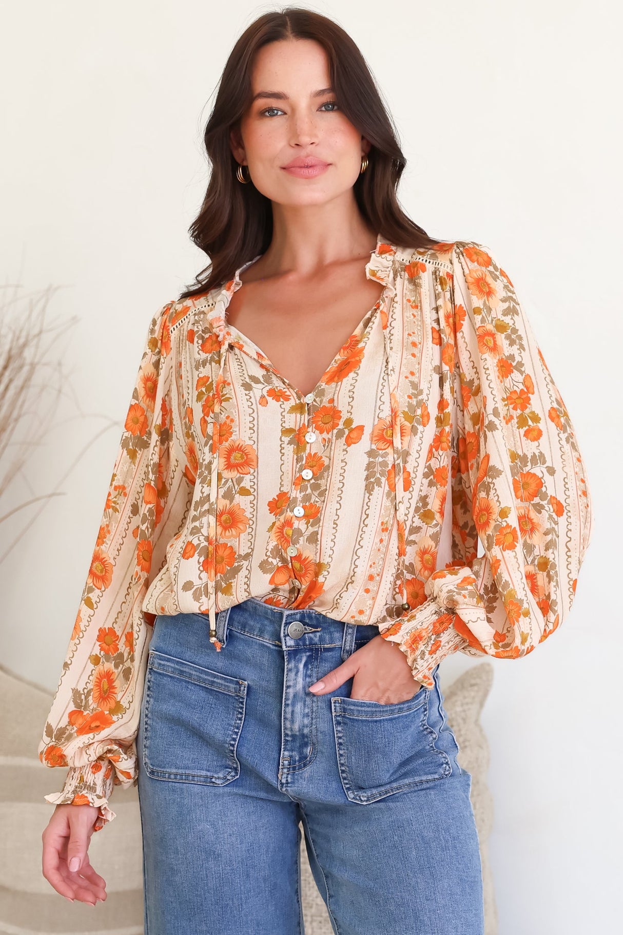 Moree Blouse - Frill Collar Neck Tie Button Down Shirt in Vondrosa Print