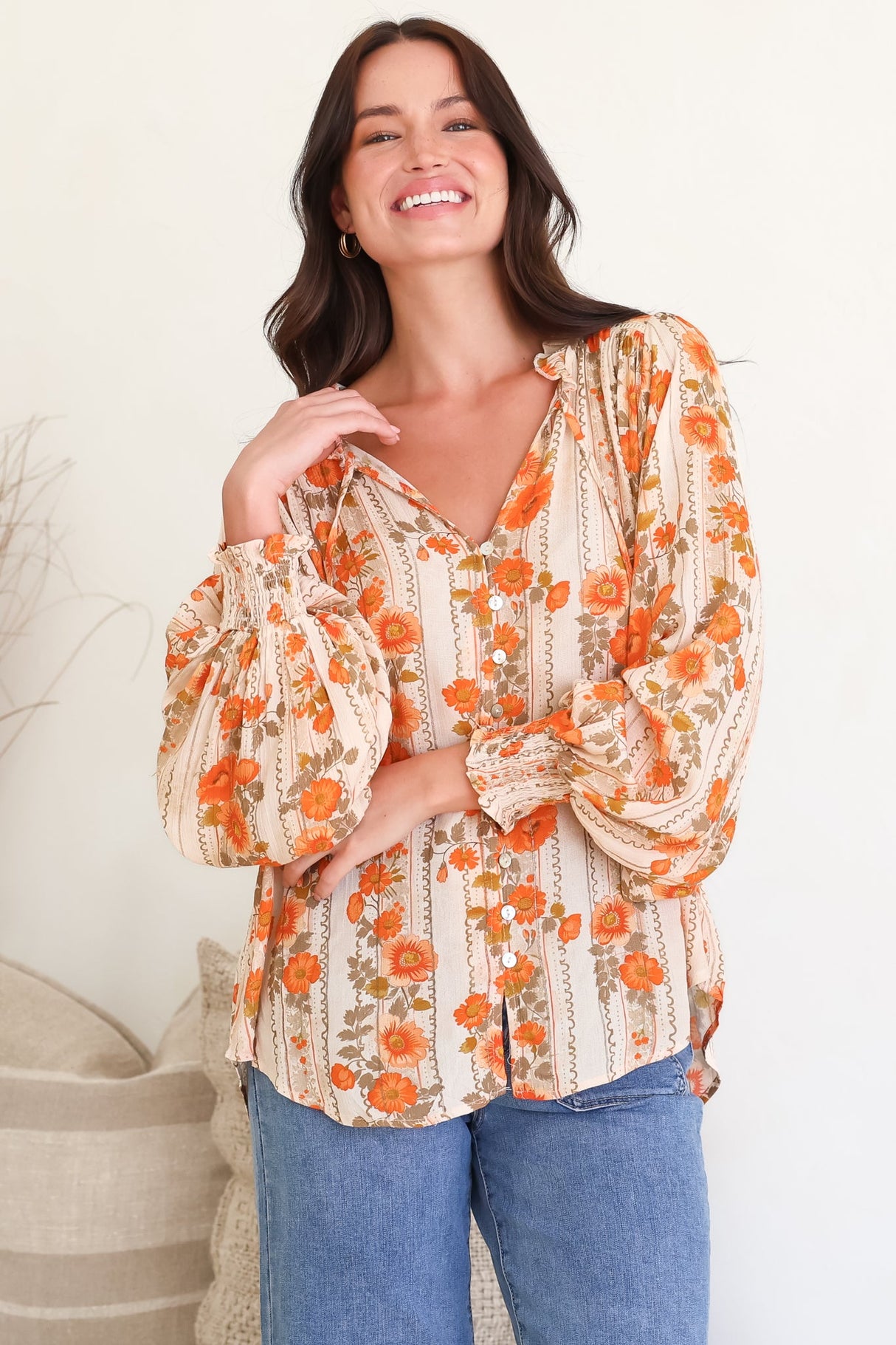 Moree Blouse - Frill Collar Neck Tie Button Down Shirt in Vondrosa Print