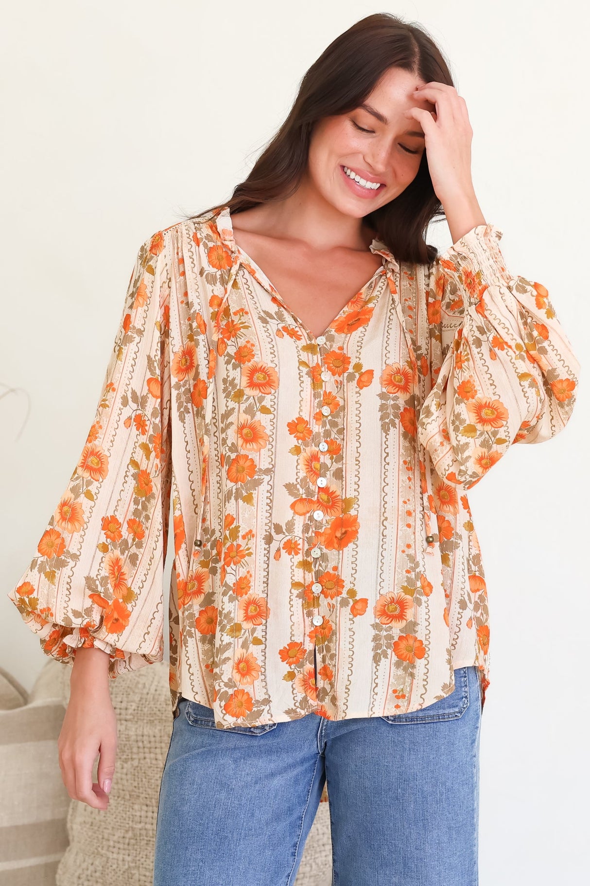 Moree Blouse - Frill Collar Neck Tie Button Down Shirt in Vondrosa Print