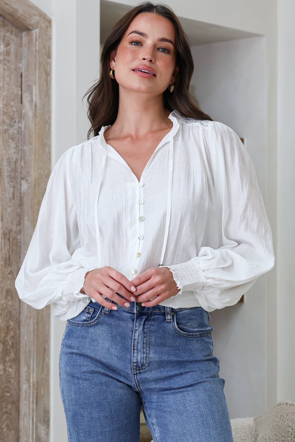 Moree Blouse - Frill Collar Neck Tie Button Down Shirt in White