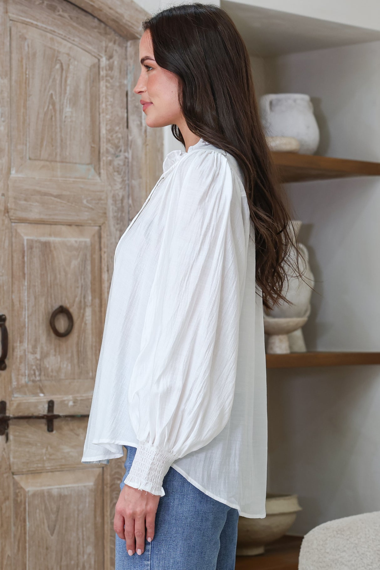Moree Blouse - Frill Collar Neck Tie Button Down Shirt in White