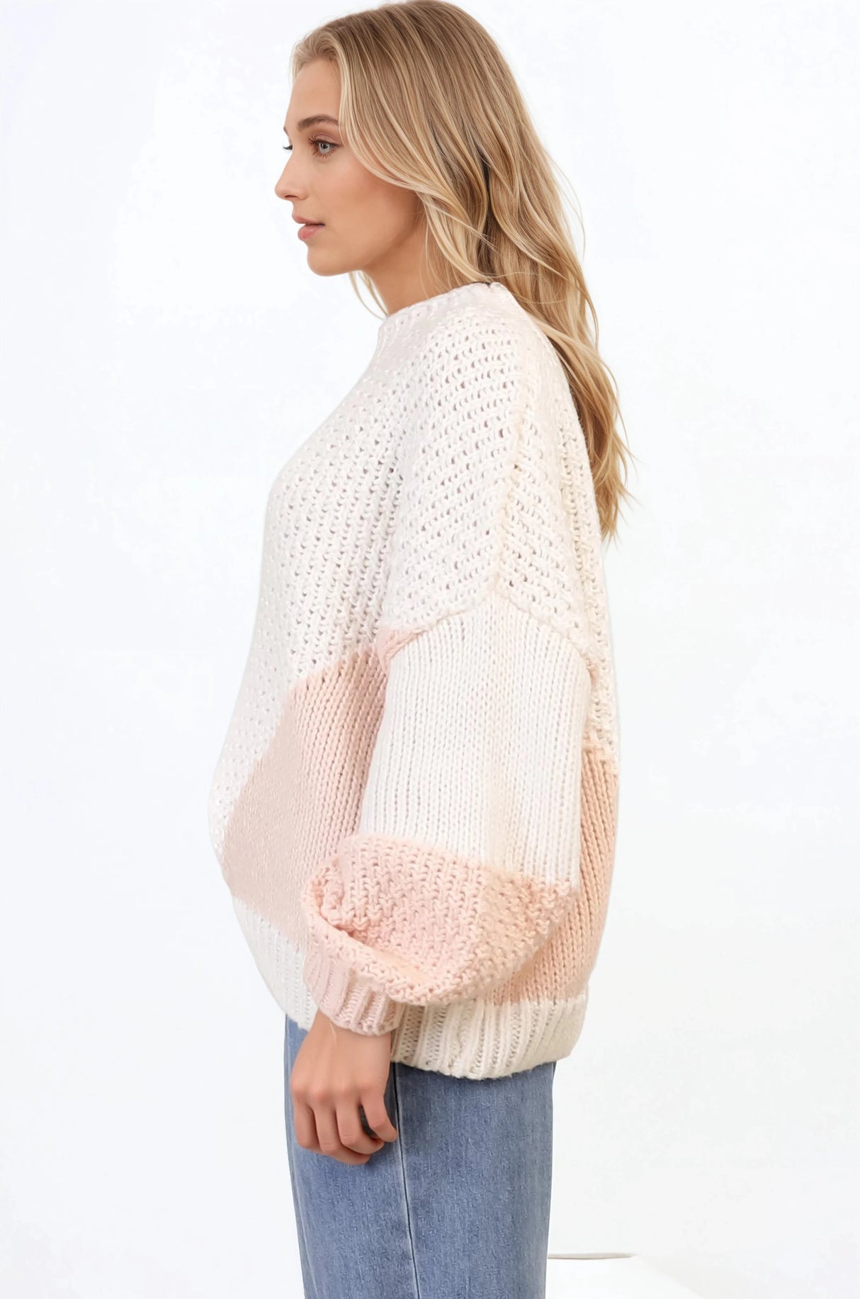 Morgan Jumper - Chunky High Neck Colour Block Knit Jumper in Cream Splice