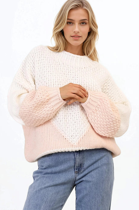Morgan Jumper - Chunky High Neck Color Block Knit Jumper in Cream Splice