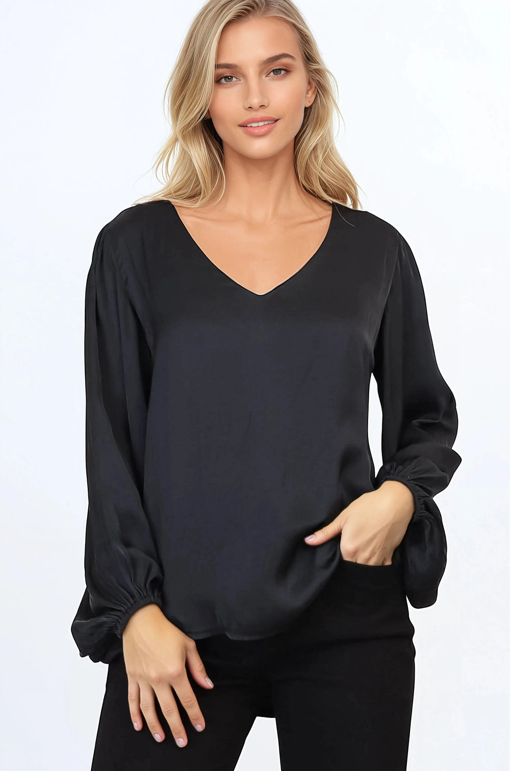 Morgana Blouse - Soft V-Neckline Pull Over Top with Balloon Sleeves in Black