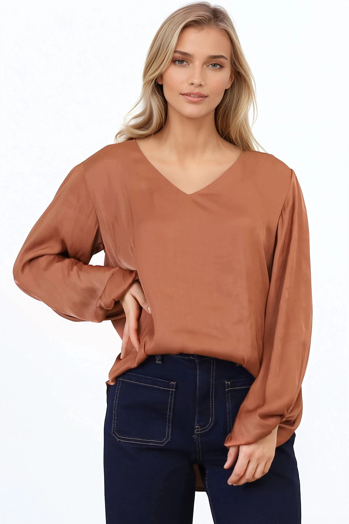 Morgana Blouse - Soft V-Neckline Pull Over Top with Balloon Sleeves in Rust