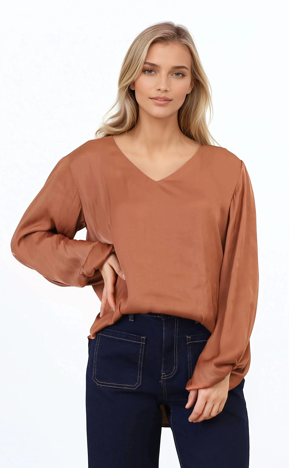Morgana Blouse - Soft V-Neckline Pull Over Top with Balloon Sleeves in Rust