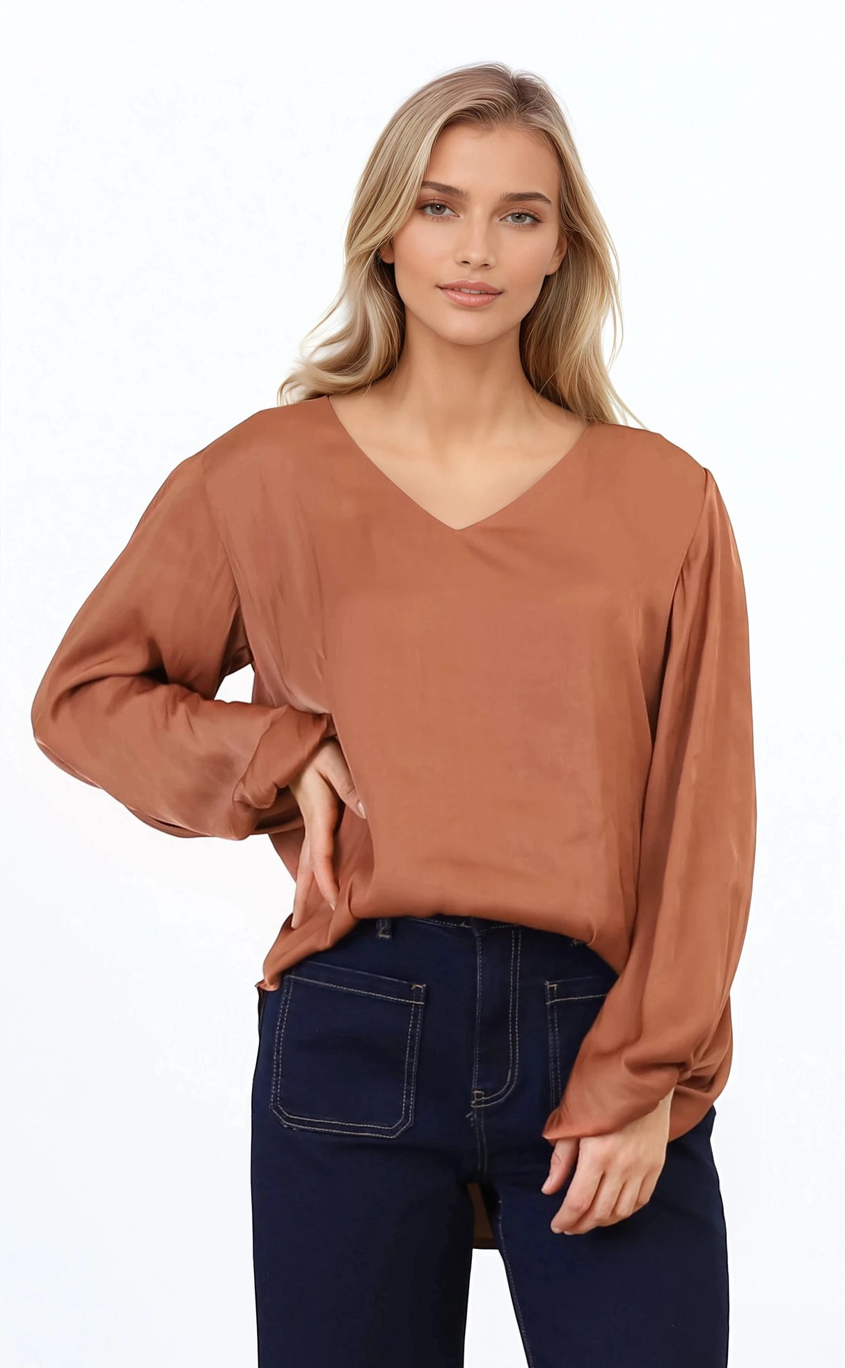 Morgana Blouse - Soft V-Neckline Pull Over Top with Balloon Sleeves in Rust