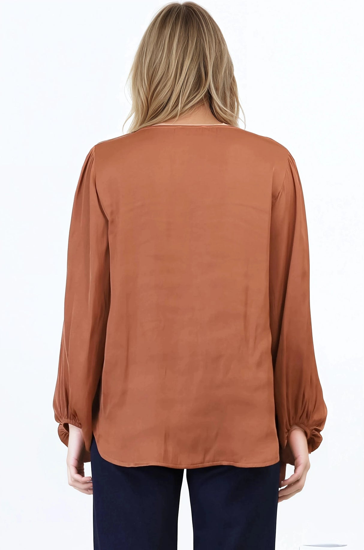 Morgana Blouse - Soft V-Neckline Pull Over Top with Balloon Sleeves in Rust