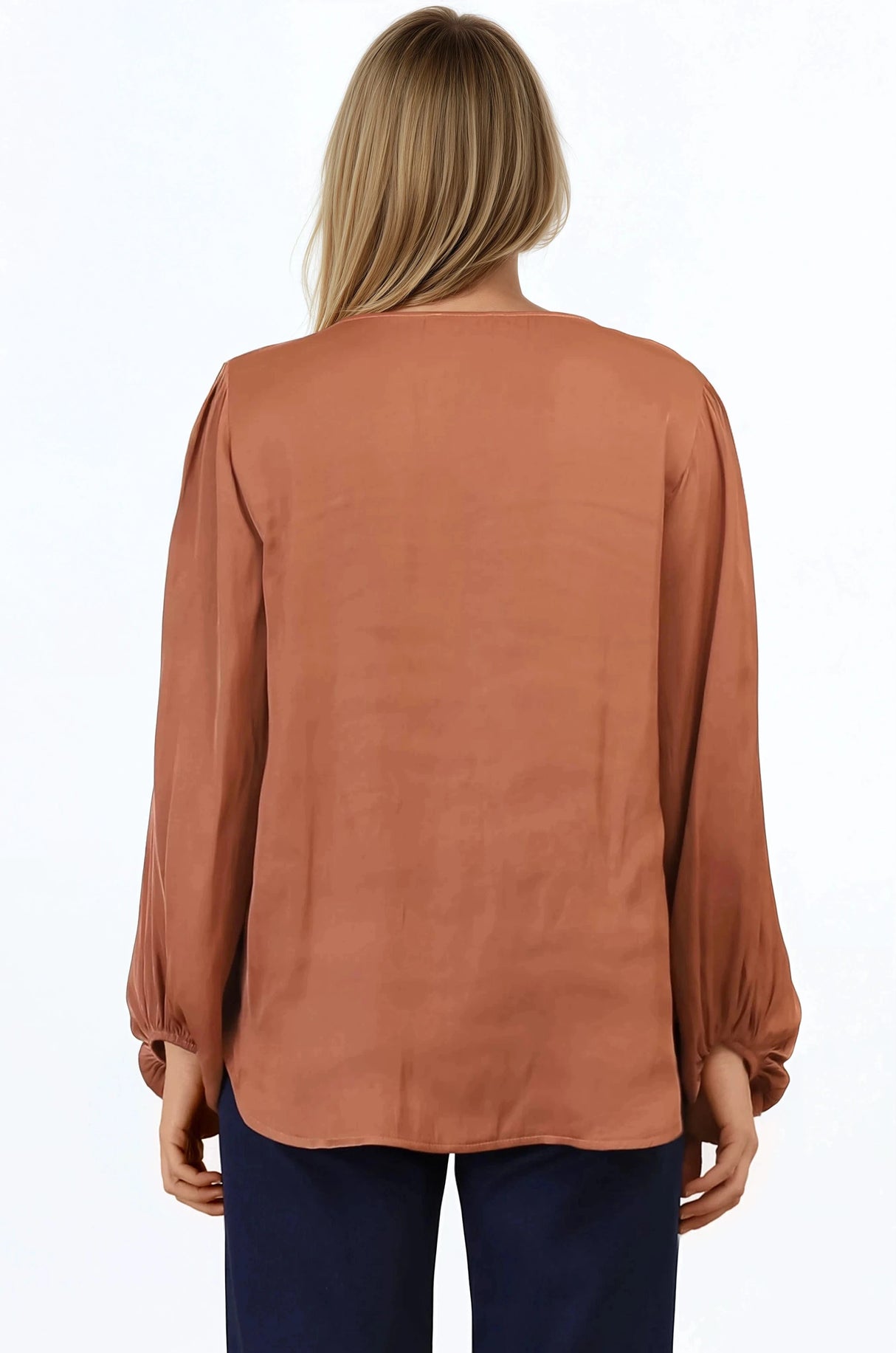 Morgana Blouse - Soft V-Neckline Pull Over Top with Balloon Sleeves in Rust