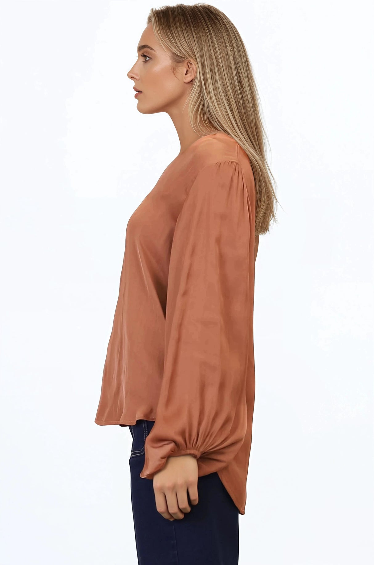Morgana Blouse - Soft V-Neckline Pull Over Top with Balloon Sleeves in Rust