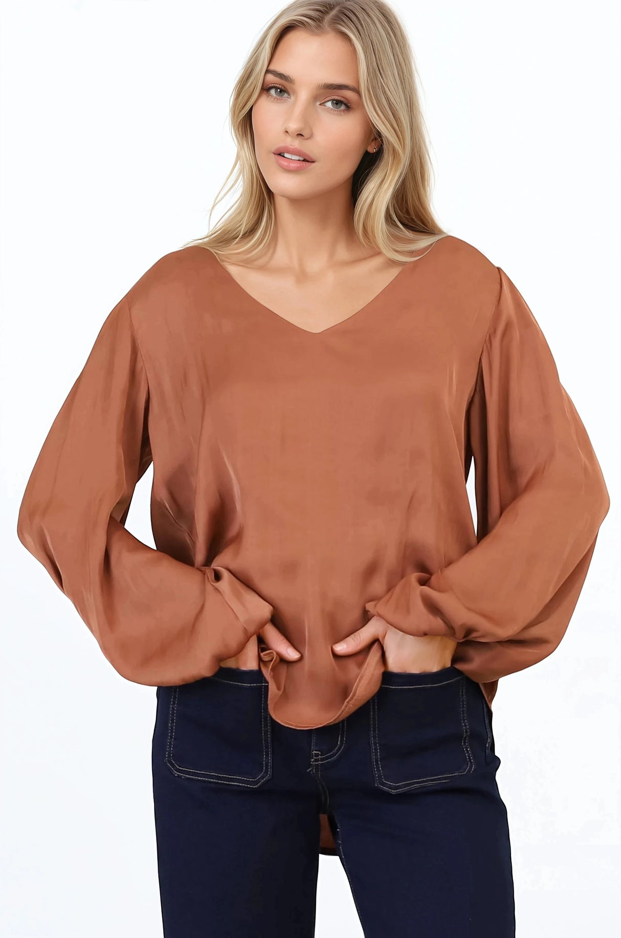 Morgana Blouse - Soft V-Neckline Pull Over Top with Balloon Sleeves in Rust
