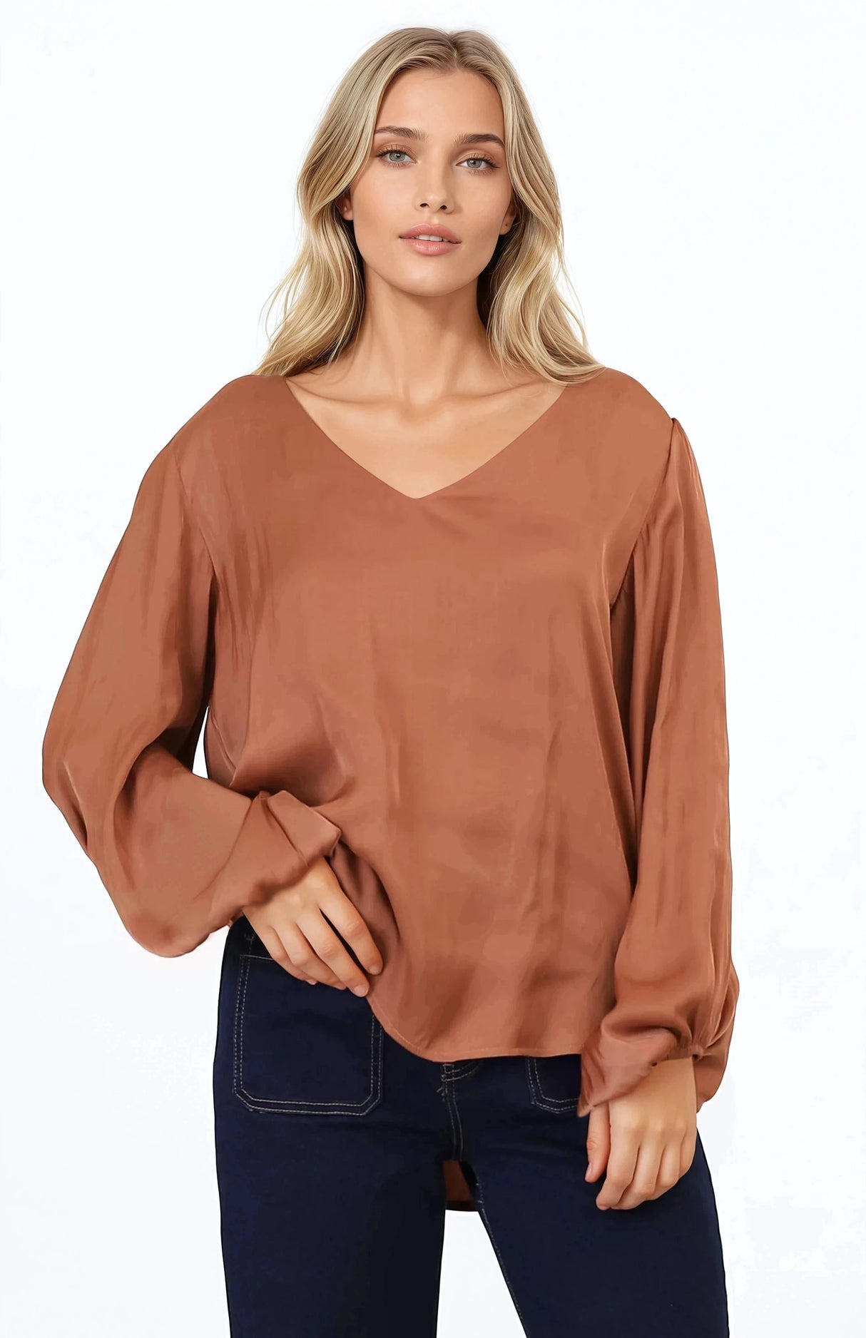 Morgana Blouse - Soft V-Neckline Pull Over Top with Balloon Sleeves in Rust