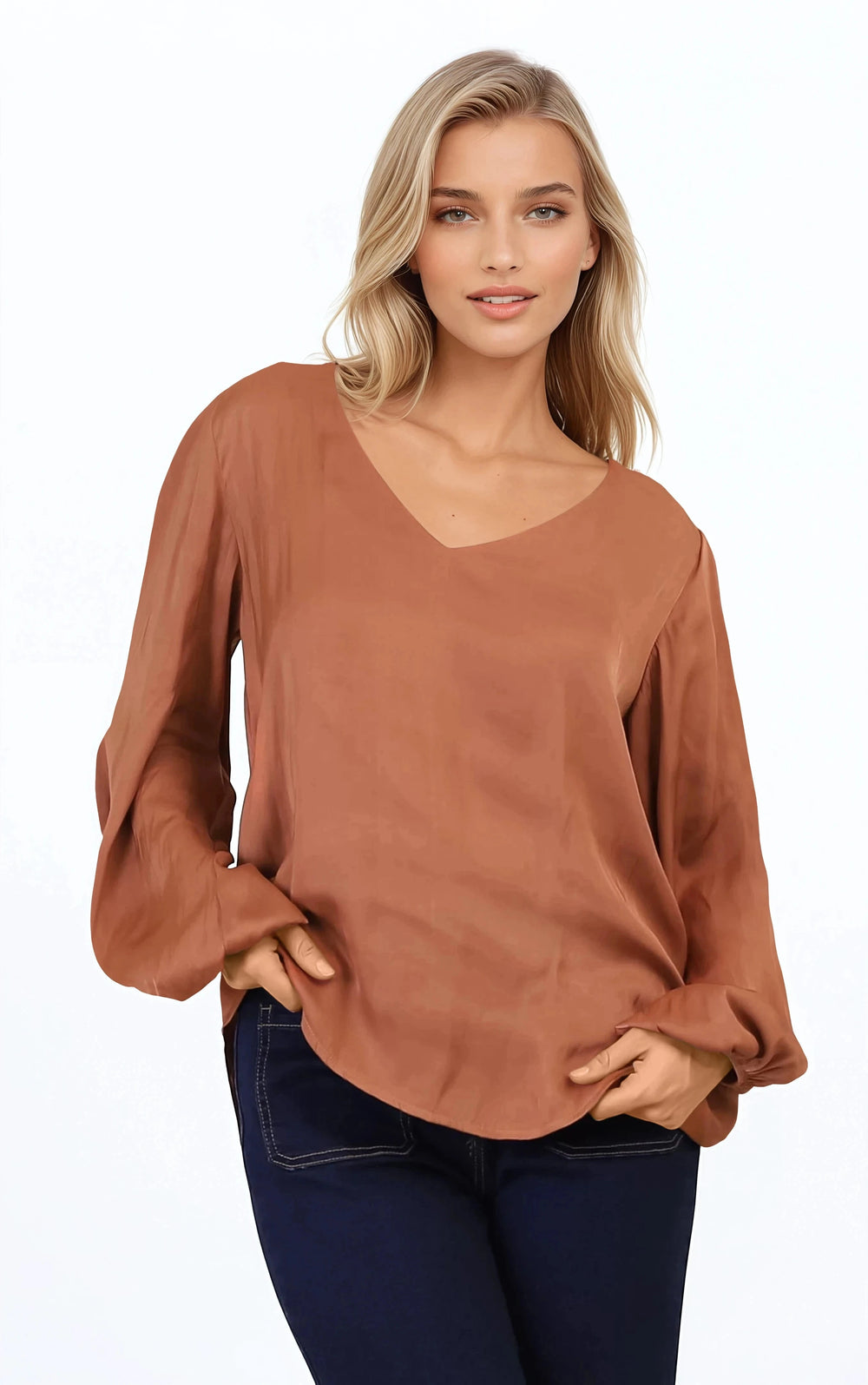 Morgana Blouse - Soft V-Neckline Pull Over Top with Balloon Sleeves in Rust