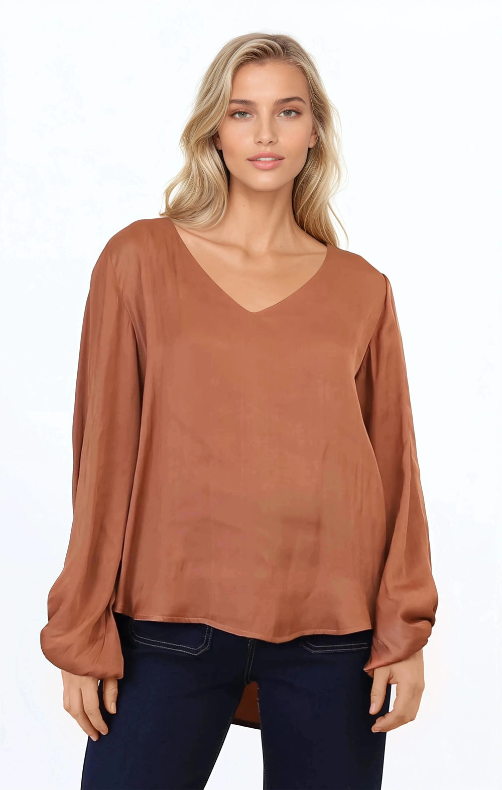 Morgana Blouse - Soft V-Neckline Pull Over Top with Balloon Sleeves in Rust