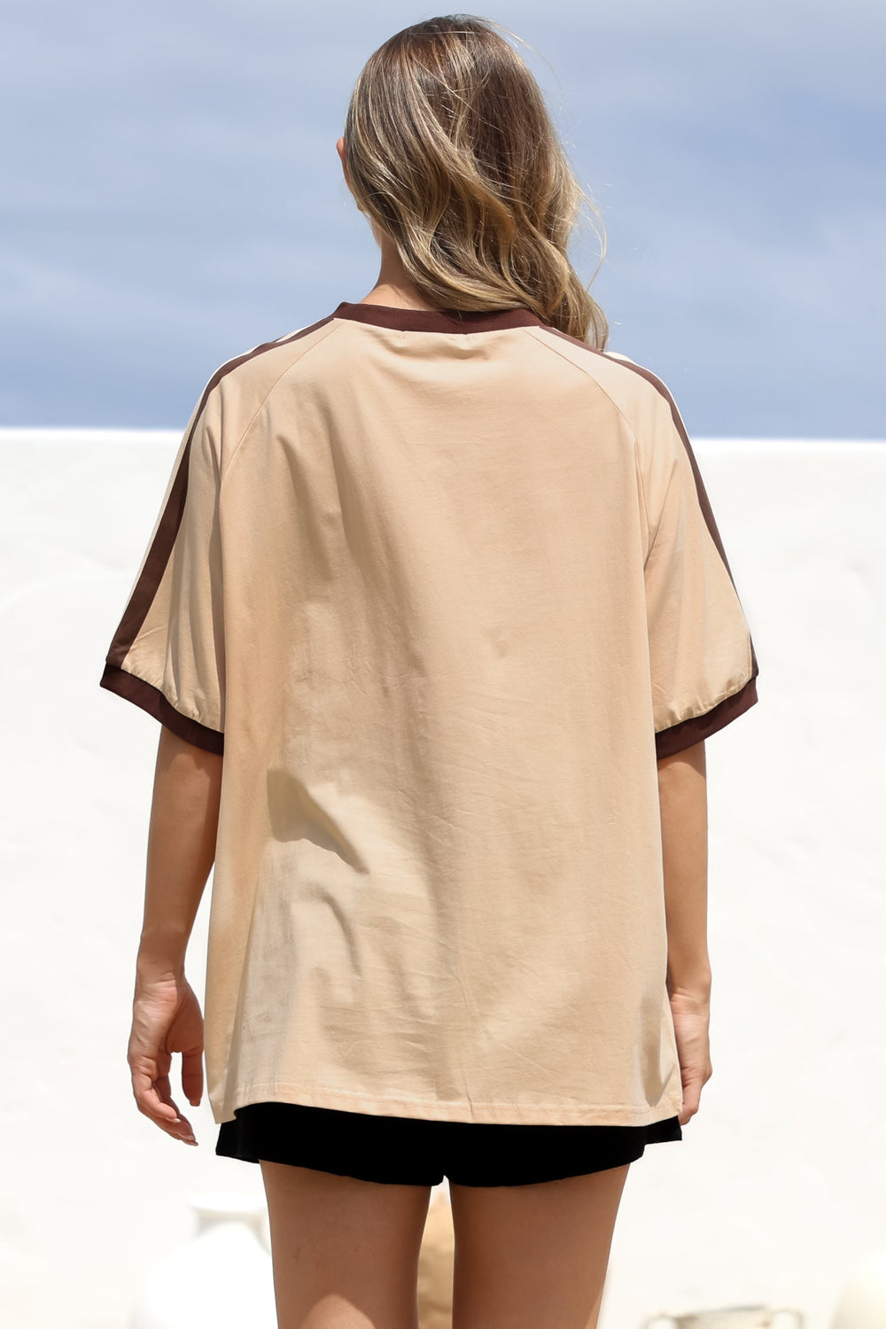 Most Wanted Tee - Graphic Print Short Sleeve T-Shirt with Racer Stripe Sleeves in Beige