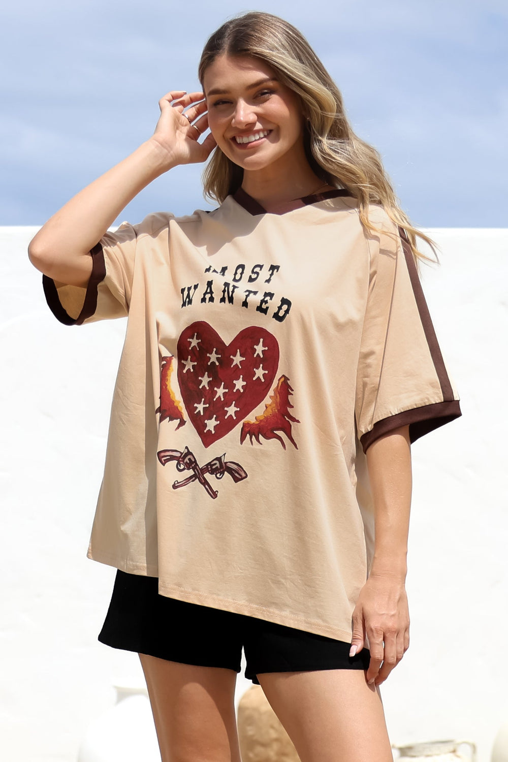Most Wanted Tee - Graphic Print Short Sleeve T-Shirt with Racer Stripe Sleeves in Beige