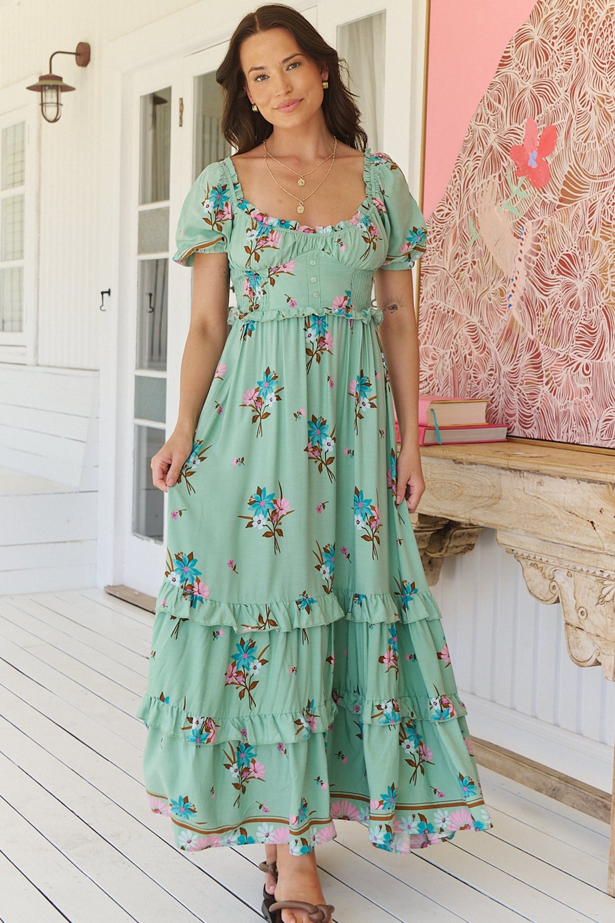 Moyo Midi Dress - A-Line Dress with Frill Splicing and Milkmaid Neckline in Maribel Print