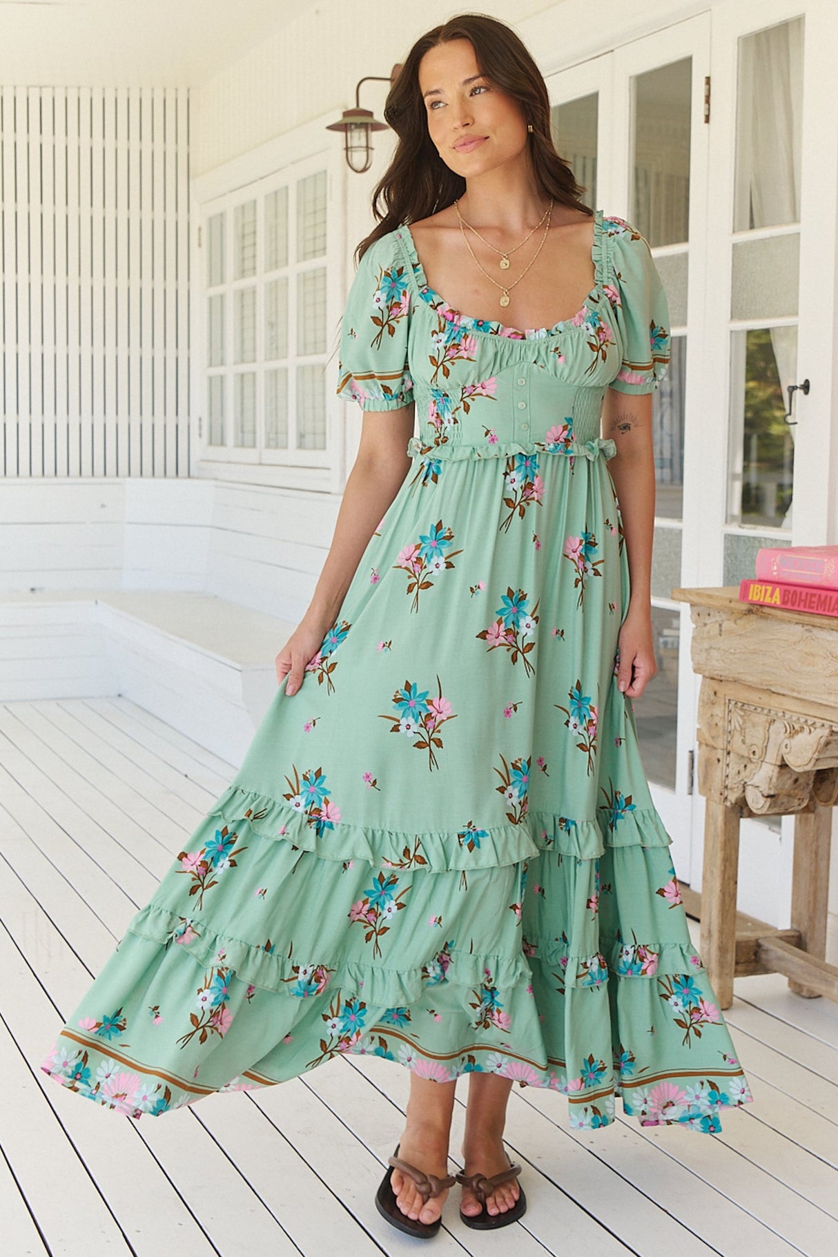 Moyo Midi Dress - A-Line Dress with Frill Splicing and Milkmaid Neckline in Maribel Print