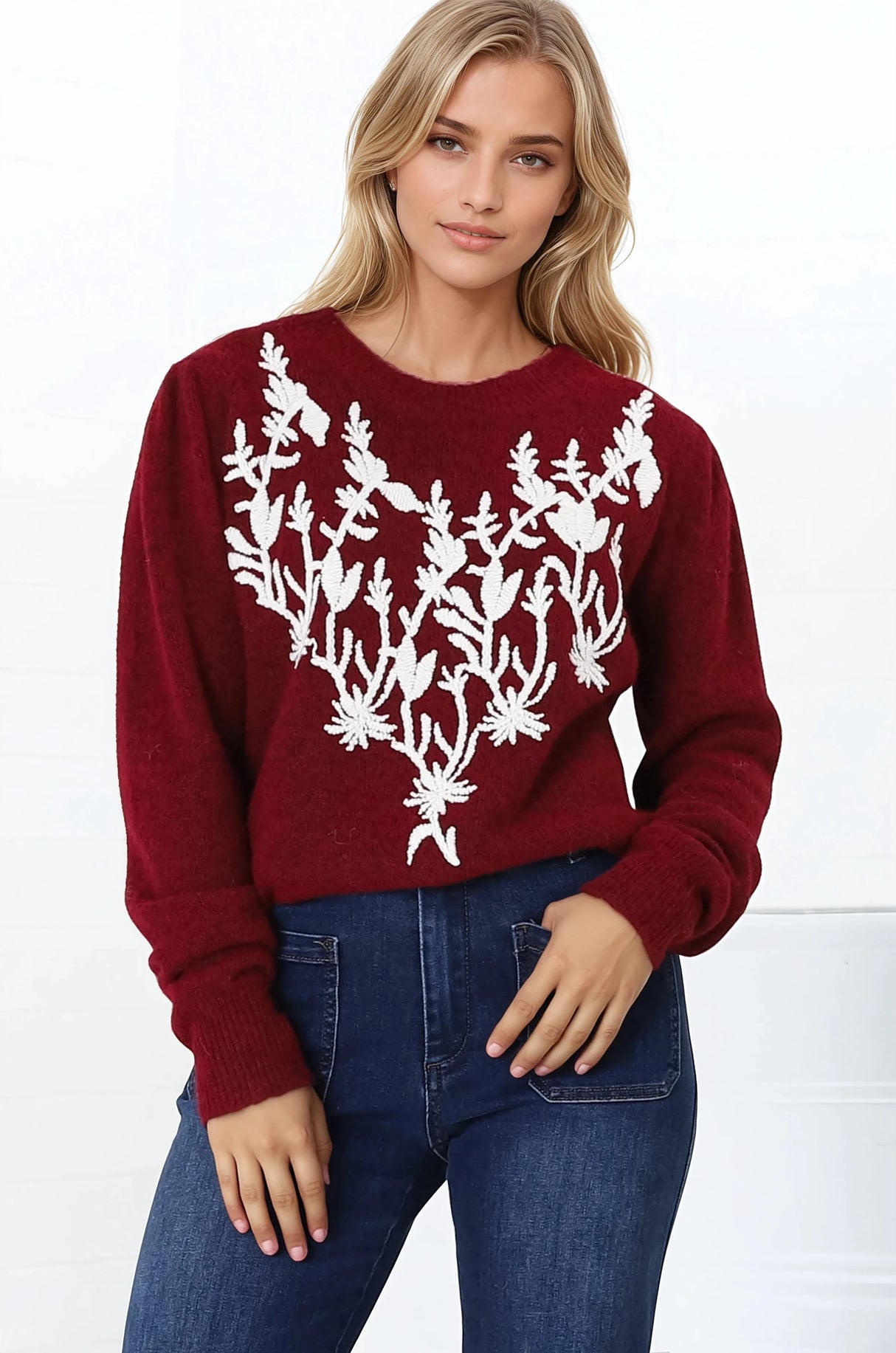 Muriel Jumper - Contrast Embroidery Crew Neck Jumper in Red